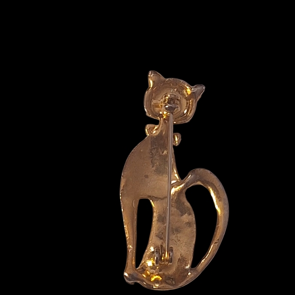2" Vintage Gold Cat Brooch w/ CZ Eyes - Picture 2 of 4